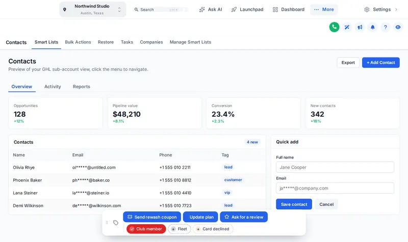 GoHighLevel contact record with a floating actions bar: Club member, Fleet and Card declined quick tags plus Send rewash coupon, Update plan and Ask for a review buttons