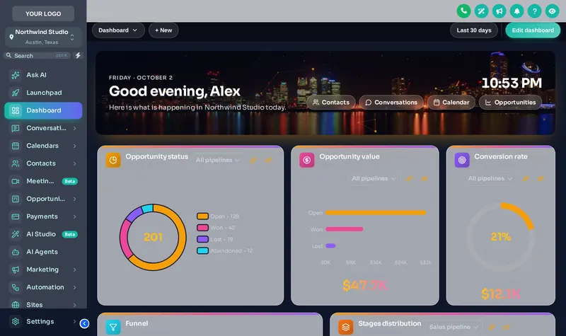 GoHighLevel sub-account dashboard with the City Nights design: skyline photo hero, midnight cards and amber accents