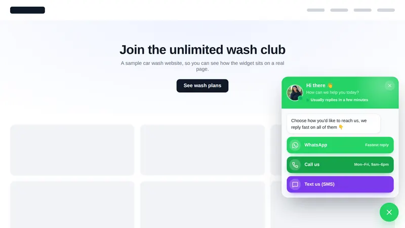 Floating WhatsApp and call hub widget open on a sample car wash website