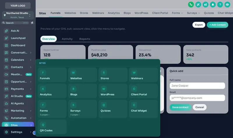 GoHighLevel sidebar with a mega menu open in the Tiles style