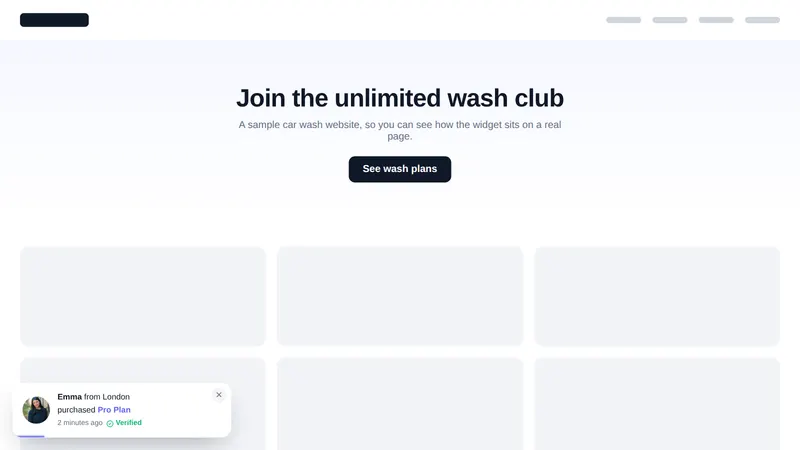 Recent purchases social proof toast on a sample car wash website