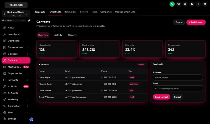 GoHighLevel contacts page in the Obsidian OLED dark theme with near-black surfaces